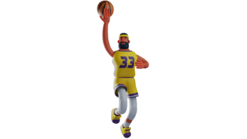 3d illustration. grand basketball joueur 3d dessin animé personnage. le fringant athlète ascenseurs le basketball avec un main. basketball joueurs sembler à Maître le jeu. 3d dessin animé personnage png