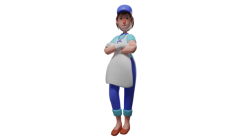 3D illustration. Charming Waiter 3D cartoon character. Waiter with a cool short haircut. Young girl using apron and lanyard. Waiter stood up and crossed his arms while smiling. 3D cartoon character png