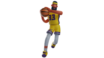 3d ilustração. jovem atleta 3d desenho animado personagem. atleta é babar a bola. basquetebol atleta quem é pronto para colocar a bola para dentro a oponentes anel. 3d desenho animado personagem png