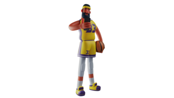 3D illustration. Cool Athlete 3D cartoon character. Basketball player standing while holding cellphone. Young basketball player looking at cellphone and carrying his ball. 3D cartoon character png