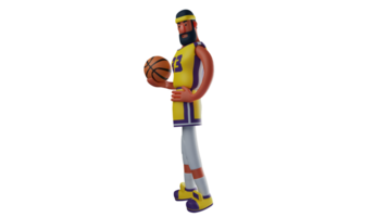 3D illustration. Charming Basketball Player 3D cartoon character. Basketball athlete standing while carrying a basketball. The athlete uses a headband and looks very handsome. 3D cartoon character png