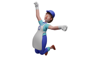 3D illustration. Cheerful Woman 3D cartoon character. The waiter jumped for joy because he had done his job well. The cute waitress spread both her hands and smiled happily. 3D cartoon character png