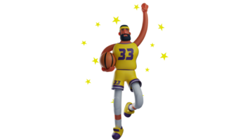 3d illustration. charmant basketball joueur 3d dessin animé personnage. le athlète soulève un main et détient le basketball avec le autre. athlète entouré par brillant étoiles. 3d dessin animé personnage png