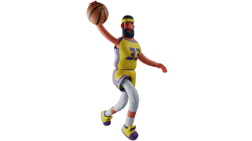 3D illustration. Team Captain 3D cartoon character. Captain who receives the ball from his friend. Basketball captain wearing a yellow jersey dribbles the ball enthusiastically. 3D cartoon character png