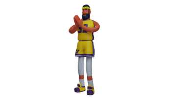 3D illustration. Friendly Athlete 3D cartoon character. Basketball player stands with his hands clasped in front of his chest. Athlete shows his smile to someone in front of him. 3D cartoon character png