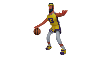 3D illustration. Fierce Athlete 3D cartoon character. Basketball player stretches out one hand to block the opponent. Basketball player showing his scary face. 3D cartoon character png