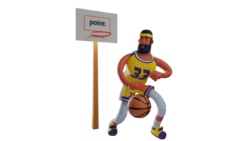 3d illustrazione. pallacanestro atleta 3d cartone animato carattere. atleta è dribbling un' pallacanestro. atleta portare il palla vicino per il squillare e appena esigenze per mettere esso nel per Punto punti. 3d cartone animato personaggio png