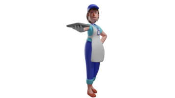 3D illustration. Great Waiter 3D cartoon character. Beautiful waitress carrying a tray with one hand. The senior waiter gives the others an example of how to carry the tray. 3D cartoon character png