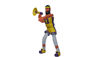 3D illustration. Fierce Coach 3D cartoon character. The trainer who is giving instructions uses a megaphone. The basketball coach showed his angry expression. 3D cartoon character png