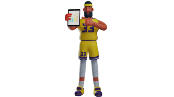 3d illustration. génial des sports prof 3d dessin animé personnage. des sports prof expliqué le table sur le sien tablette. athlète souriant tandis que montrer du doigt à quelque chose sur tablette. 3d dessin animé personnage png