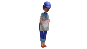 3D illustration. Calm Servant 3D cartoon character. Sweet woman who works as a waitress at a restaurant. The lady maid who stood up and looked down because she made a mistake. 3D cartoon character png
