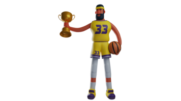 3D illustration. Adorable Athlete 3D cartoon character. Basketball athlete who wins the match. Basketball player lifting gold trophy and carrying basketball. 3D cartoon character png