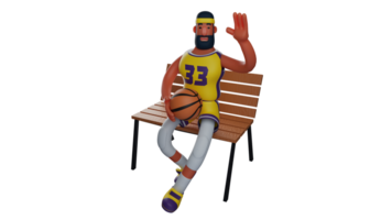 3d illustration. avslappnad basketboll spelare 3d tecknad serie karaktär. basketboll idrottare Sammanträde med hans favorit basketboll i hans knä. idrottare vinka hans hand medan leende. 3d tecknad serie karaktär png