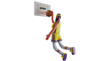 3D illustration. Basketball Player 3D cartoon character. Athlete floats putting the basketball into the hoop. Basketball player successfully dunks the ball and scores points. 3D cartoon character png