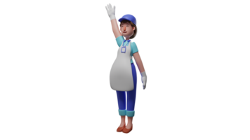 3D illustration. Waiter 3D cartoon character. A friendly waiter is waving his hand to someone. Beautiful waitress wearing casual clothes and white apron. 3D cartoon character png