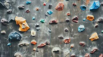 AI generated Wall with climbing holds in gym. Climbing wall. Sports and active lifestyle. photo