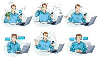 A collection of illustrations of scenes of young men doing business and making profits. Vector illustration