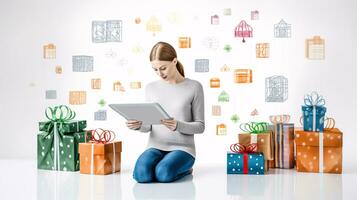 AI generated Online shopping representation with people on digital devices surrounded by gifts and icons of products photo