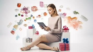 AI generated Online shopping representation with people on digital devices surrounded by gifts and icons of products photo