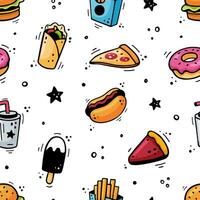 Fast food pattern. Hand drawn seamless pattern with fast food elements, burger, pizza, hot dog, donut, French fries, ice cream, soda, pie, doner kebab, pitta, burrito. Comic style. Vector illustration