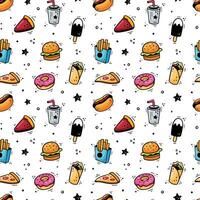 Fast food pattern. Hand drawn seamless pattern with fast food elements, burger, pizza, hot dog, donut, French fries, ice cream, soda, pie, doner kebab, pitta, burrito. Comic style. Vector illustration