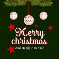 Christmas border with fir branches and decoration ornaments elements on red background. Realistic 3d design. Bright Christmas and New Year background light garlands, Vector illustration