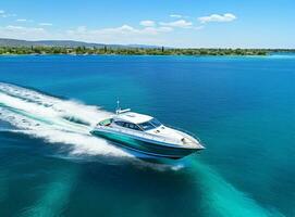 AI Generated Aerial drone photo of small luxury yacht cruising in deep blue sea near Aegean island, Greece