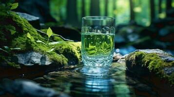 ai generado vaso de agua en mesa en frente de verde paisaje. Fresco mineral sano Bebiendo agua. transparente agua verano cielo verde bosque foto