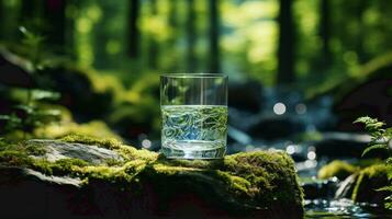 AI Generated A glass of water with green nature and mountain reflection photo