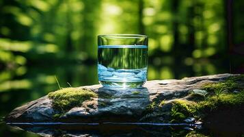 ai generado vaso de agua en mesa en frente de verde paisaje. Fresco mineral sano Bebiendo agua. transparente agua verano cielo verde bosque foto