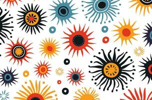 Colorful Suns and Swirls Print on White Background, in the Style of Minimalist Backgrounds, Folkloric Themes, African Patterns vector