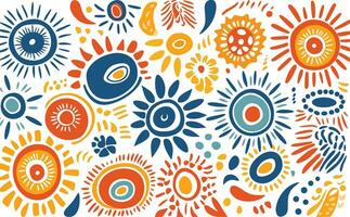 Colorful Suns and Swirls Print on White Background, in the Style of Minimalist Backgrounds, Folkloric Themes, African Patterns vector