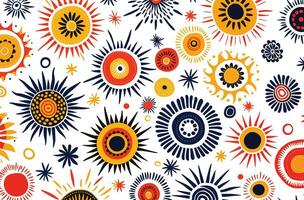 Colorful Suns and Swirls Print on White Background, in the Style of Minimalist Backgrounds, Folkloric Themes, African Patterns vector