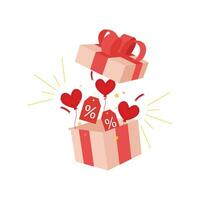 sorpresa abierto regalo caja enamorado tema con rosado cinta, papel picado, descuento vale y corazón globos vector ilustración