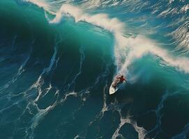 AI Generated Surfer on the crest of a wave. Layers of turquoise and blue paints. Artistic work photo