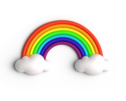 bunt 3d machen Regenbogen Bogen und Wolken auf isoliert im Himmel Blau Hintergrund hell Farben Karikatur Stil Symbol minimal, süß realistisch Plastik Wetter, lgbt Gemeinschaft, Urlaub Objekt saisonal Konzept png