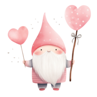 AI generated Pink gnome Standing with one hand Holding heart balloon. png