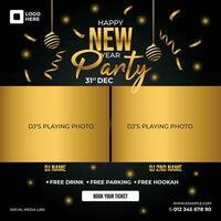 New Year's Party banner with a black background and golden ribbon suitable for social media. vector