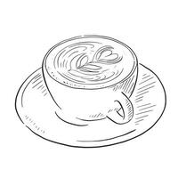 un línea dibujado bosquejo de un capuchino tomado desde vida en un Reino Unido cafetería. mano dibujado en procrear utilizando un manzana lápiz. vector