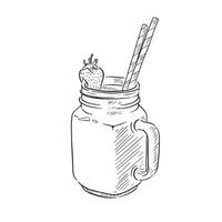 A line drawn illustration of a breakfast smoothie with two eco straws, a strawberry and in a ramekin style jar. vector