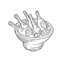 A line drawn illustration of champagne bottles in a champagne bucket with ice. Perfect for use on wedding signage or any event stationery. Hand drawn in black and white. vector