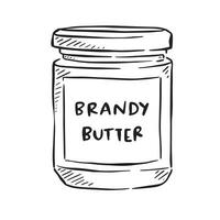 A line drawn black and white illustration of Brandy Butter. The perfect accompaniment to Christmas Pudding and other festive desserts. Hand drawn jar with 'brandy butter' written in capital letters. vector