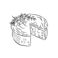 A line drawn Christmas cake with sprigs on the top. Hand drawn on Procreate with currents and raisins within. vector