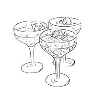 A line drawn illustration of three cut glass champagne coupe glasses with a garnish in the top of each one. Perfect for a wedding themed design. vector