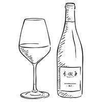 A hand drawn illustration of a wine bottle and wine glass. Line drawing with shading. vector