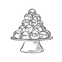 A line drawn pile of profiteroles on a platter. A lovely hand drawn black and white pudding featuring pastry, cream and chocolate. vector