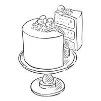 A line drawing of an Easter cake on a cake stand with a slice being lifted from the stand. vector