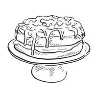 A line drawn cake in black and white with icing drips and on a cake stand. vector