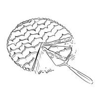 A line drawn illustration of a tart decorated in the feathered style. This illustration includes a slice removing some of the tart with crumbs around the edge. vector