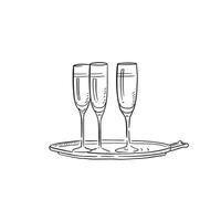 un línea dibujado ilustración de Tres champán lentes en un plata plato. el Perfecto vector para evento o Boda papelería y señalización, mano dibujado en procrear.